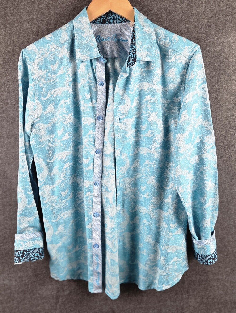 Robert Graham Jacquard Shirt Men Medium Blue Button Up Paisley Linen Blend